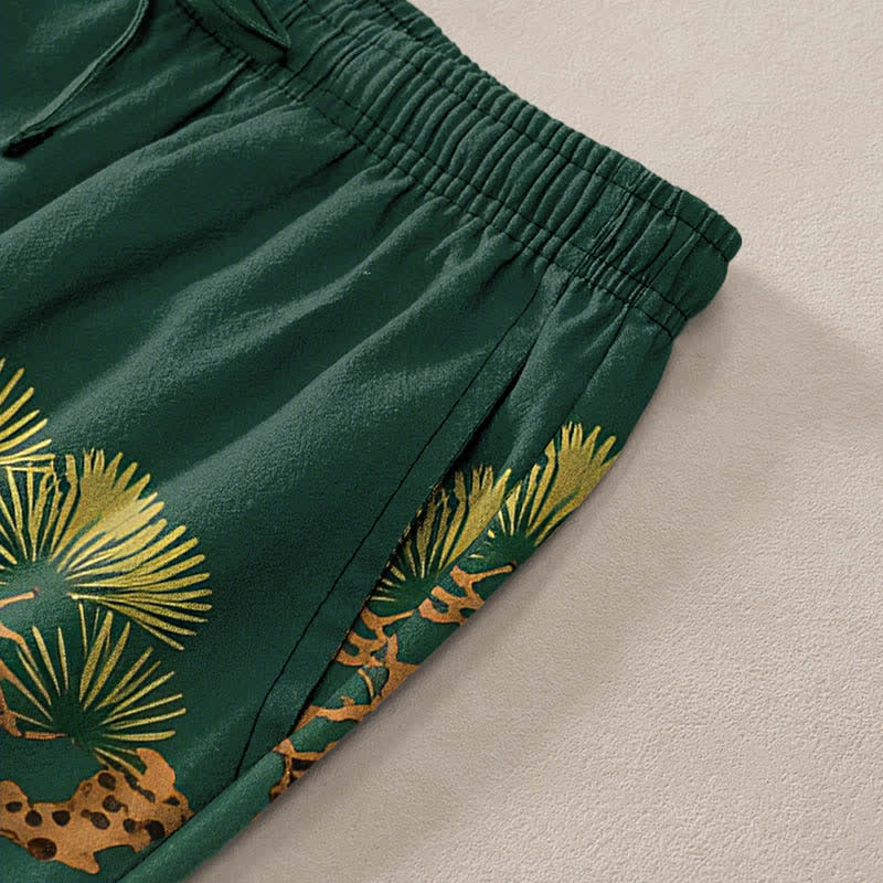 Nimara Ritual Cotton Crane Pine Temple Landscape Pattern Men's Tapered Pants With Pockets