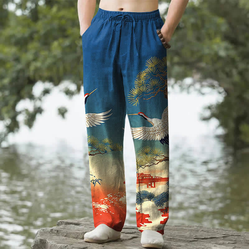 Nimara Ritual Cotton Crane Pine Temple Landscape Pattern Men's Tapered Pants With Pockets