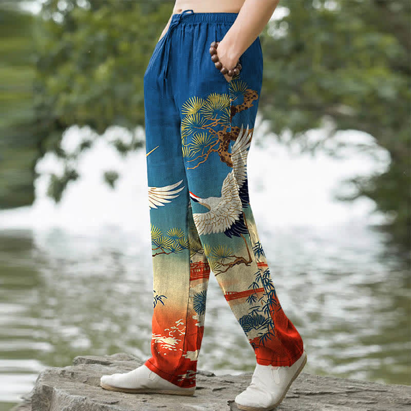 Nimara Ritual Cotton Crane Pine Temple Landscape Pattern Men's Tapered Pants With Pockets