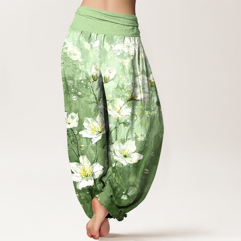 Nimara Ritual Pure Cotton Watercolor White Lotus Pattern Women's Elastic Waist Harem Pants