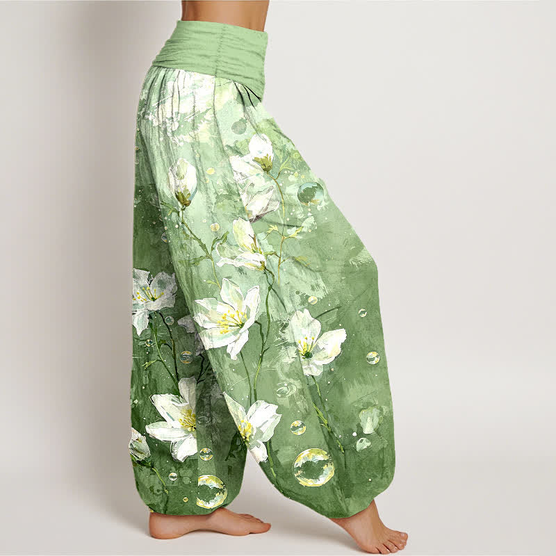 Nimara Ritual Pure Cotton Watercolor White Lotus Pattern Women's Elastic Waist Harem Pants