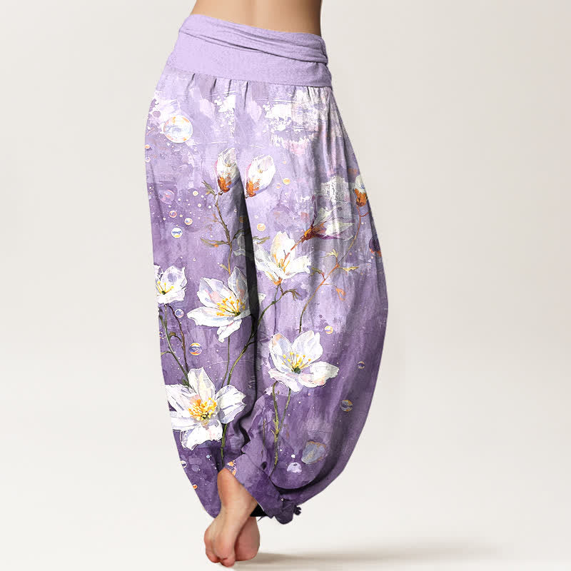 Nimara Ritual Pure Cotton Watercolor White Lotus Pattern Women's Elastic Waist Harem Pants