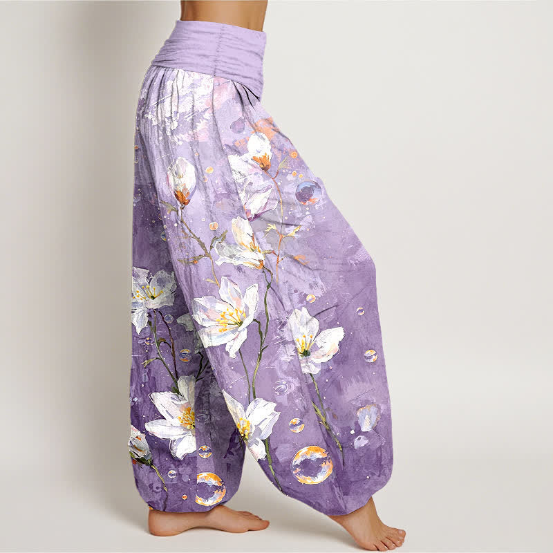 Nimara Ritual Pure Cotton Watercolor White Lotus Pattern Women's Elastic Waist Harem Pants