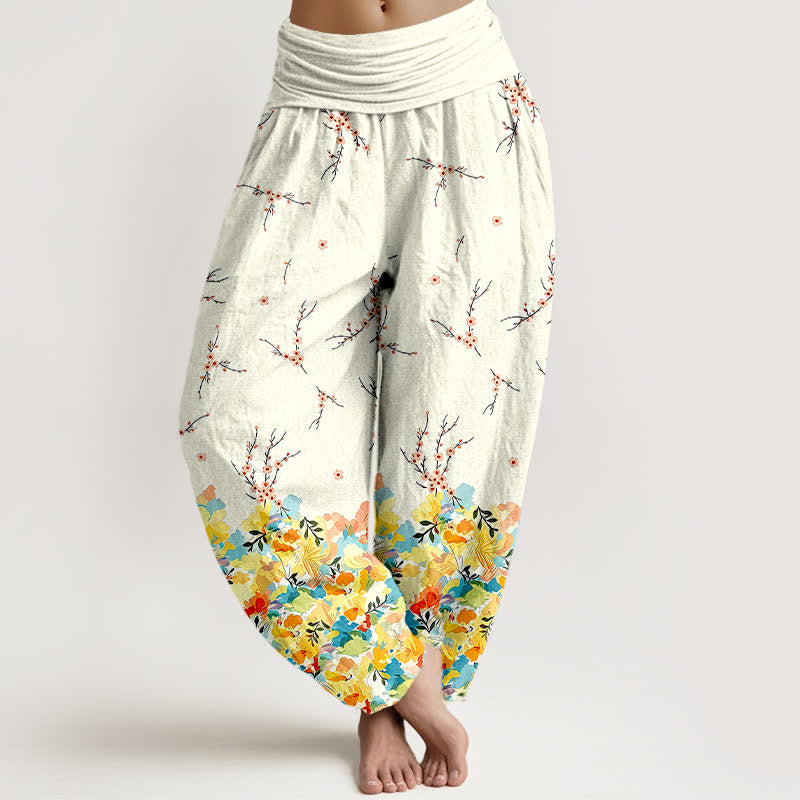 Nimara Ritual Cotton Boho Ditsy Branch Floral Pattern Women's Elastic Waist Harem Pants
