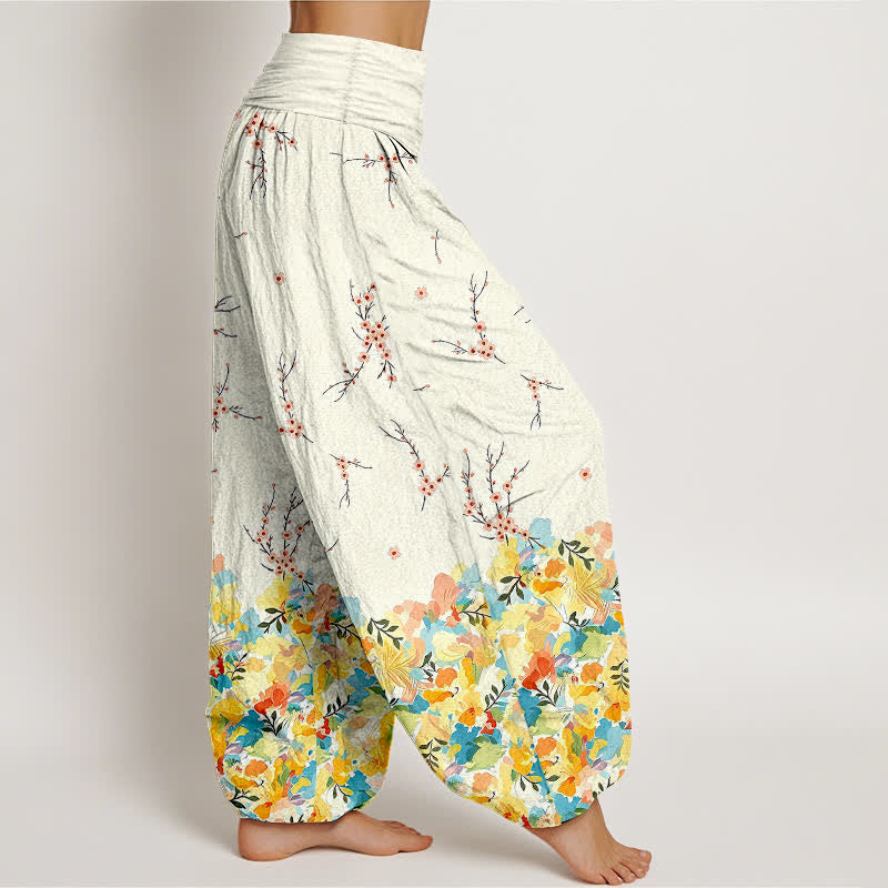 Nimara Ritual Cotton Boho Ditsy Branch Floral Pattern Women's Elastic Waist Harem Pants
