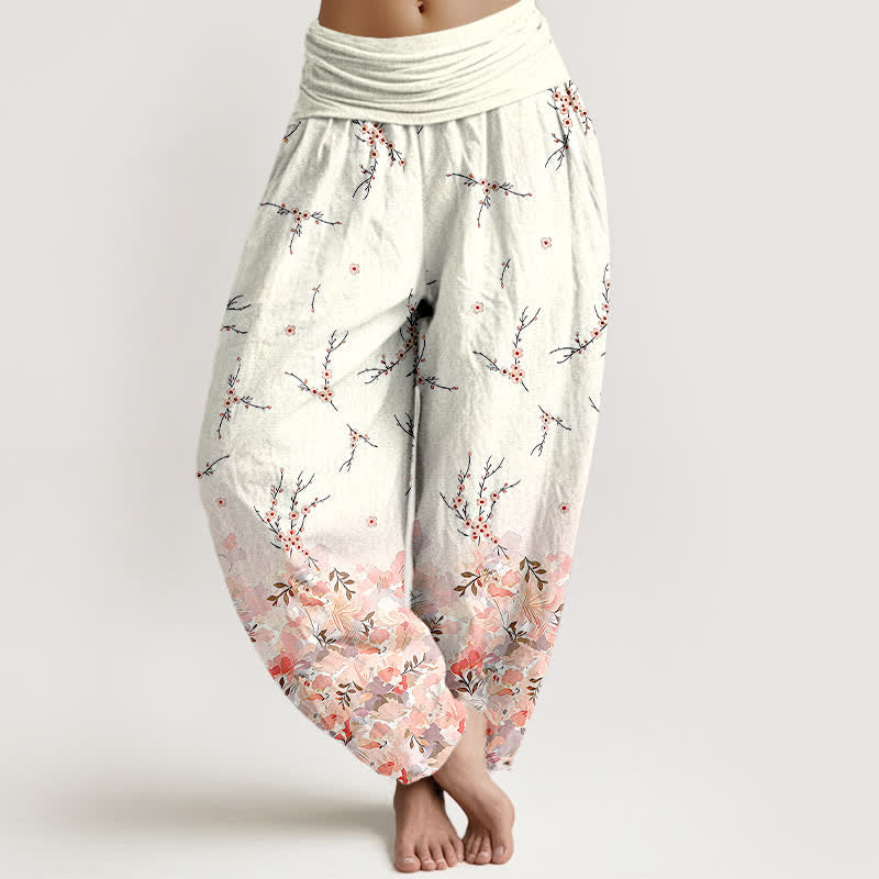 Nimara Ritual Cotton Boho Ditsy Branch Floral Pattern Women's Elastic Waist Harem Pants