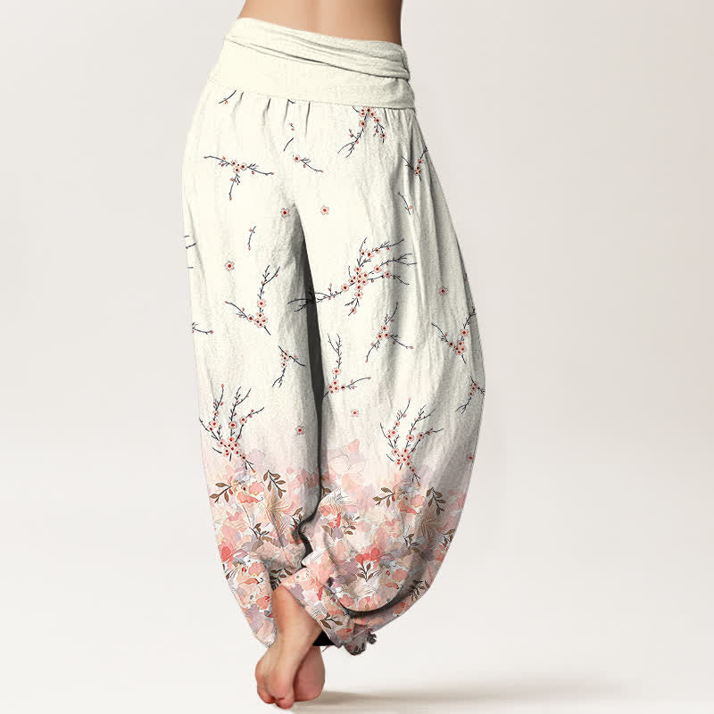 Nimara Ritual Cotton Boho Ditsy Branch Floral Pattern Women's Elastic Waist Harem Pants