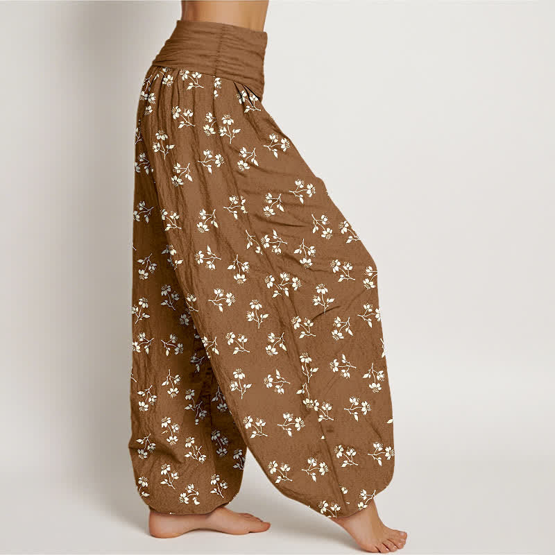 Nimara Ritual Cotton Ditsy White Floral Pattern Women's Elastic Waist Harem Pants
