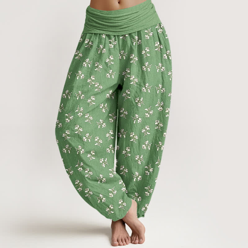 Nimara Ritual Cotton Ditsy White Floral Pattern Women's Elastic Waist Harem Pants