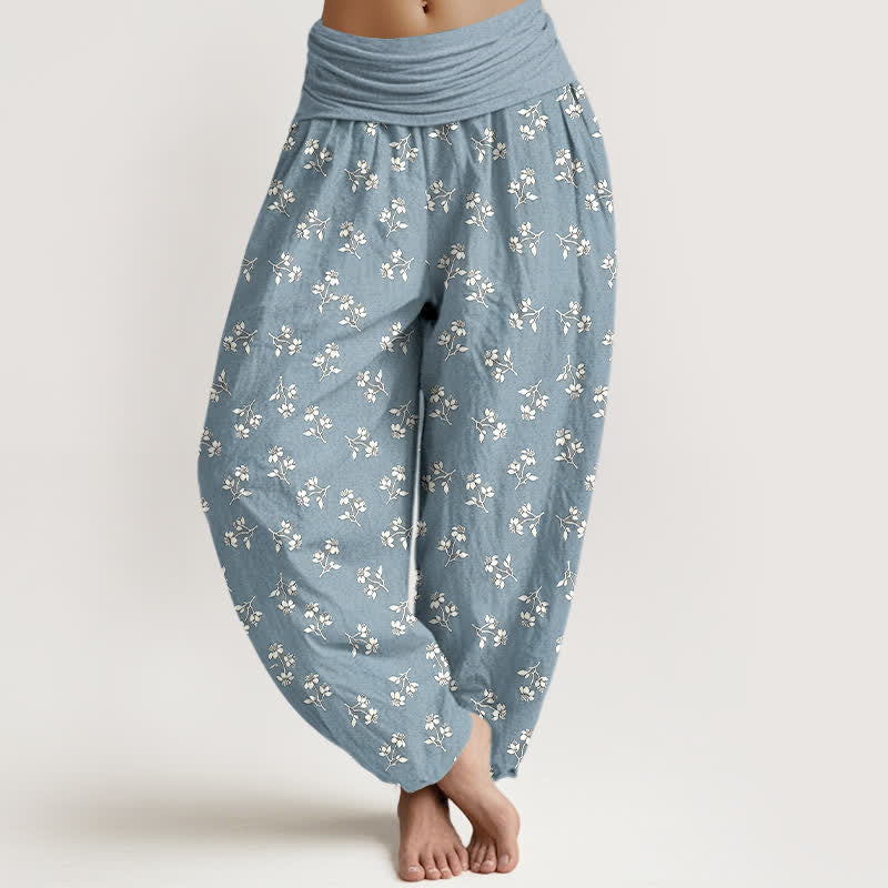 Nimara Ritual Cotton Ditsy White Floral Pattern Women's Elastic Waist Harem Pants