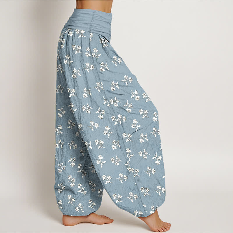 Nimara Ritual Cotton Ditsy White Floral Pattern Women's Elastic Waist Harem Pants