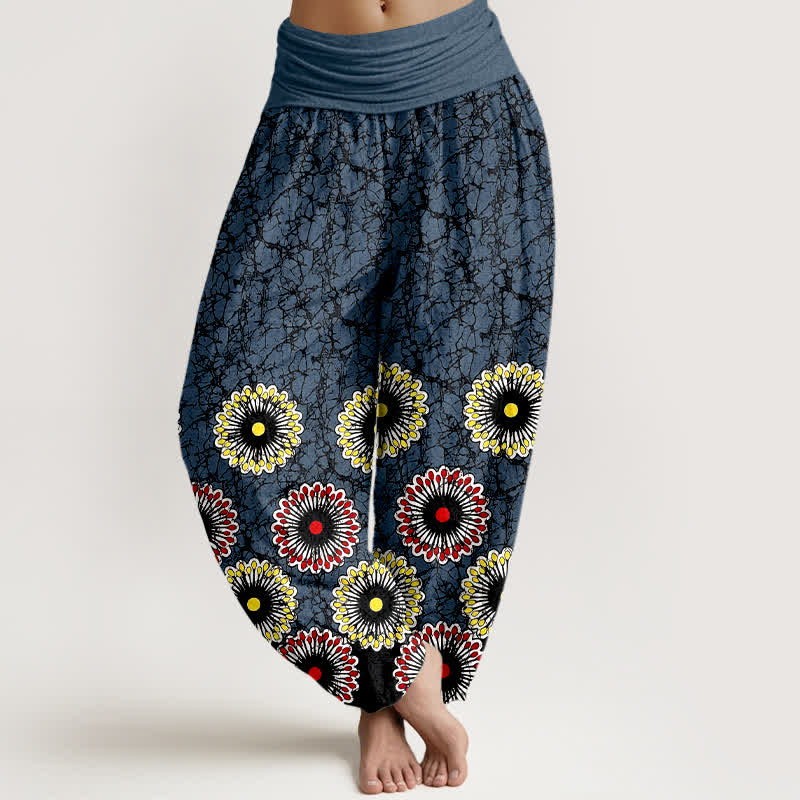 Nimara Ritual Pure Cotton Sunburst Floral Pattern Women's Elastic Waist Harem Pants