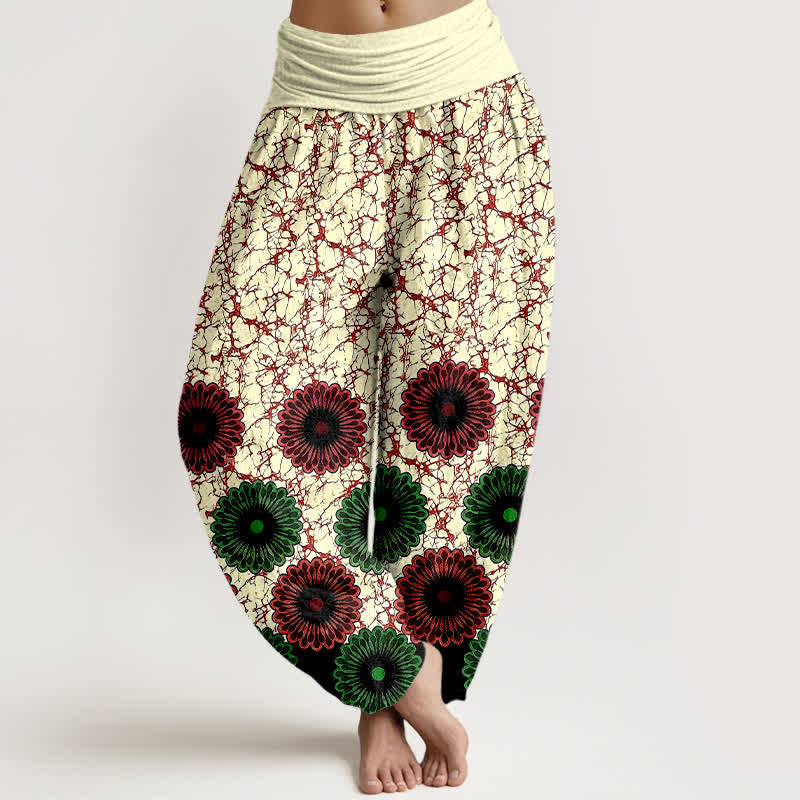 Nimara Ritual Pure Cotton Sunburst Floral Pattern Women's Elastic Waist Harem Pants