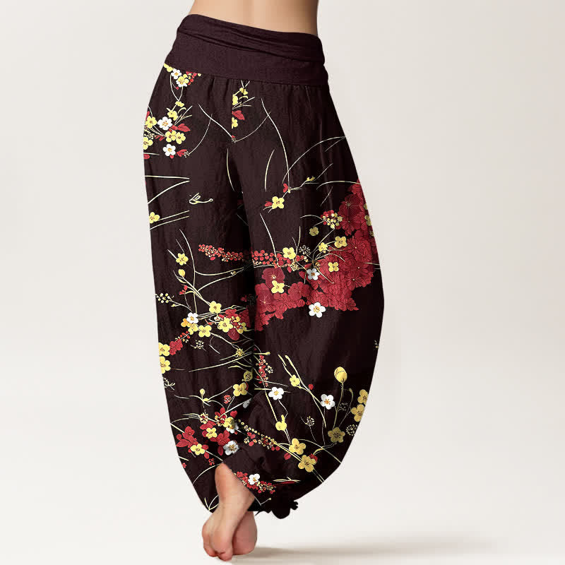 Nimara Ritual Pure Cotton Floral Leaf Pattern Women's Elastic Waist Harem Pants