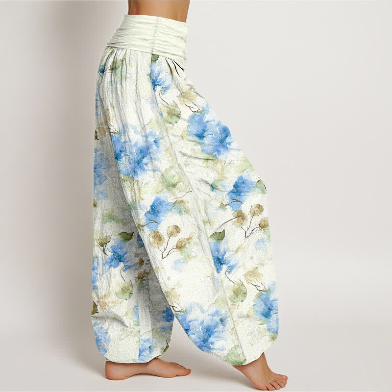 Nimara Ritual Cotton Watercolor Floral Leaf Pattern Women's Elastic Waist Harem Pants