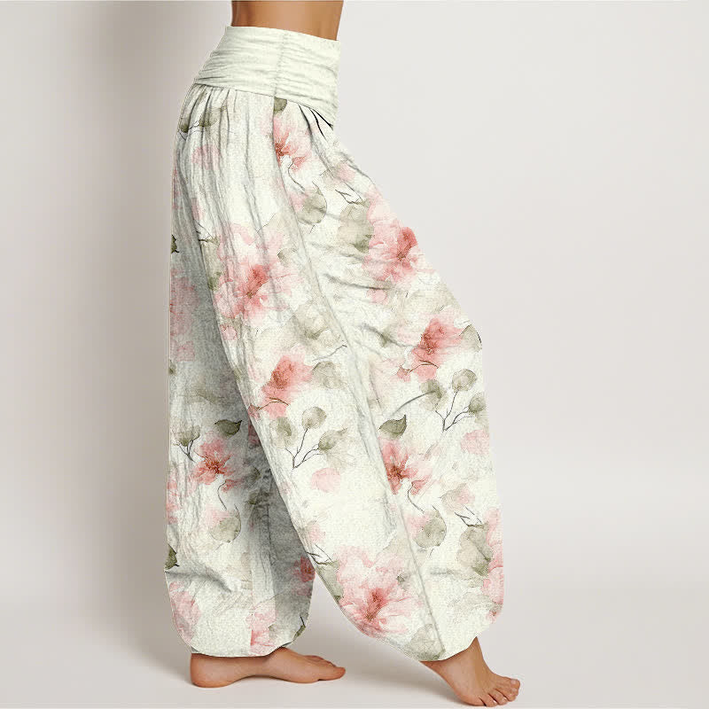 Nimara Ritual Cotton Watercolor Floral Leaf Pattern Women's Elastic Waist Harem Pants