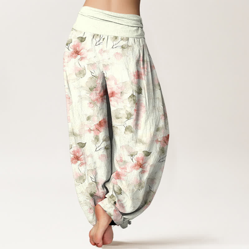 Nimara Ritual Cotton Watercolor Floral Leaf Pattern Women's Elastic Waist Harem Pants