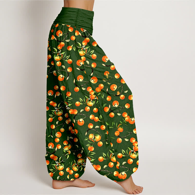 Nimara Ritual Pure Cotton Mandarin Fruit Leaf Pattern Women's Elastic Waist Harem Pants