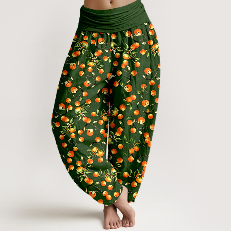 Nimara Ritual Pure Cotton Mandarin Fruit Leaf Pattern Women's Elastic Waist Harem Pants