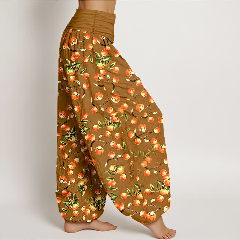 Nimara Ritual Pure Cotton Mandarin Fruit Leaf Pattern Women's Elastic Waist Harem Pants