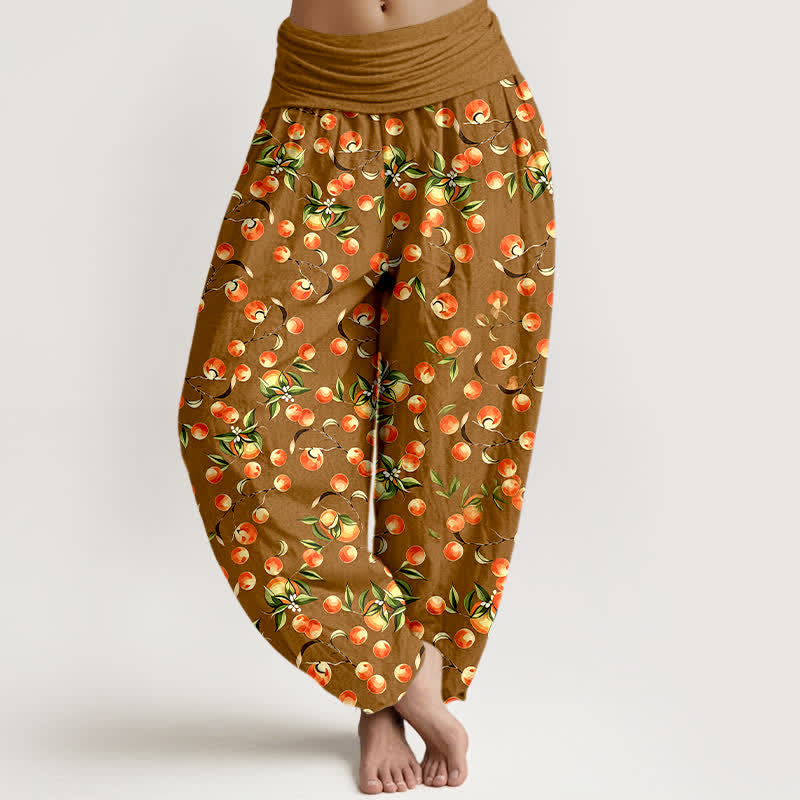 Nimara Ritual Pure Cotton Mandarin Fruit Leaf Pattern Women's Elastic Waist Harem Pants