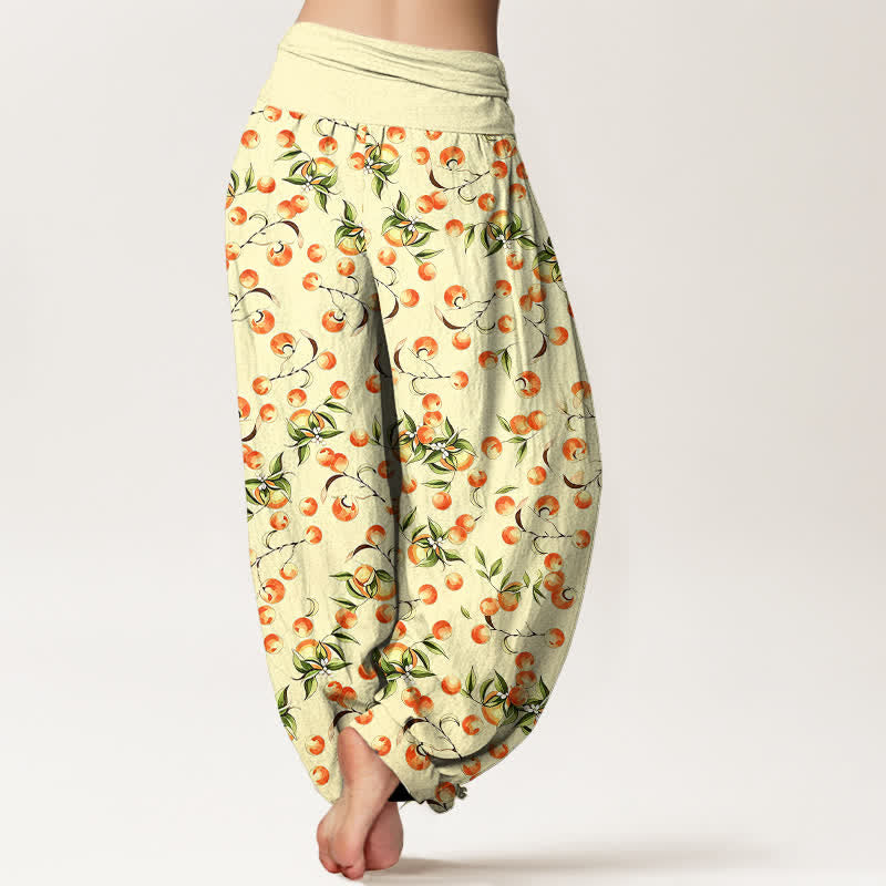 Nimara Ritual Pure Cotton Mandarin Fruit Leaf Pattern Women's Elastic Waist Harem Pants