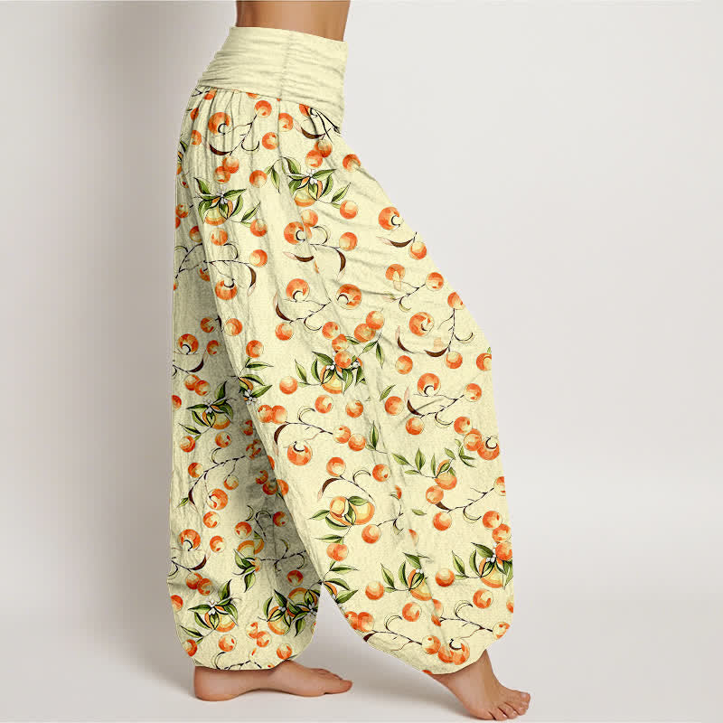 Nimara Ritual Pure Cotton Mandarin Fruit Leaf Pattern Women's Elastic Waist Harem Pants