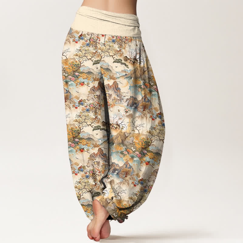 Nimara Ritual Cotton Oriental Landscape Pattern Women's Elastic Waist Harem Pants