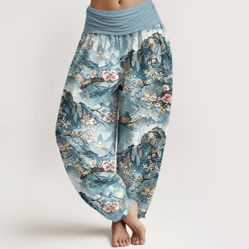 Nimara Ritual Pure Cotton Oriental Landscape Floral Pattern Women's Elastic Waist Harem Pants