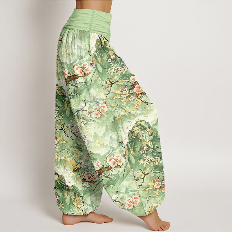 Nimara Ritual Pure Cotton Oriental Landscape Floral Pattern Women's Elastic Waist Harem Pants