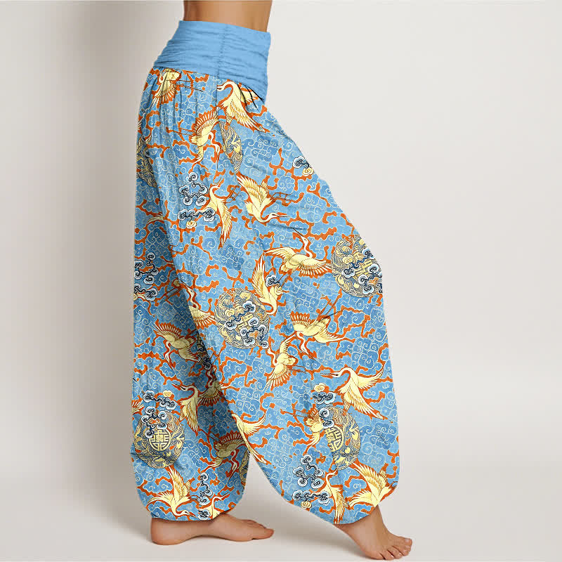 Nimara Ritual Pure Cotton White Crane Cloud Pattern Women's Elastic Waist Harem Pants