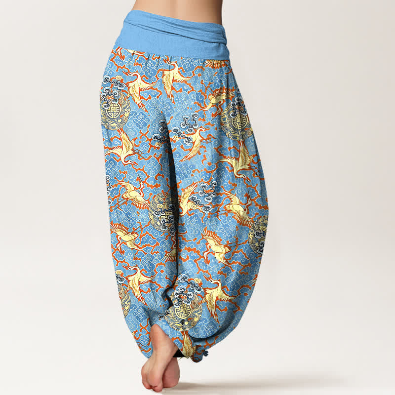 Nimara Ritual Pure Cotton White Crane Cloud Pattern Women's Elastic Waist Harem Pants