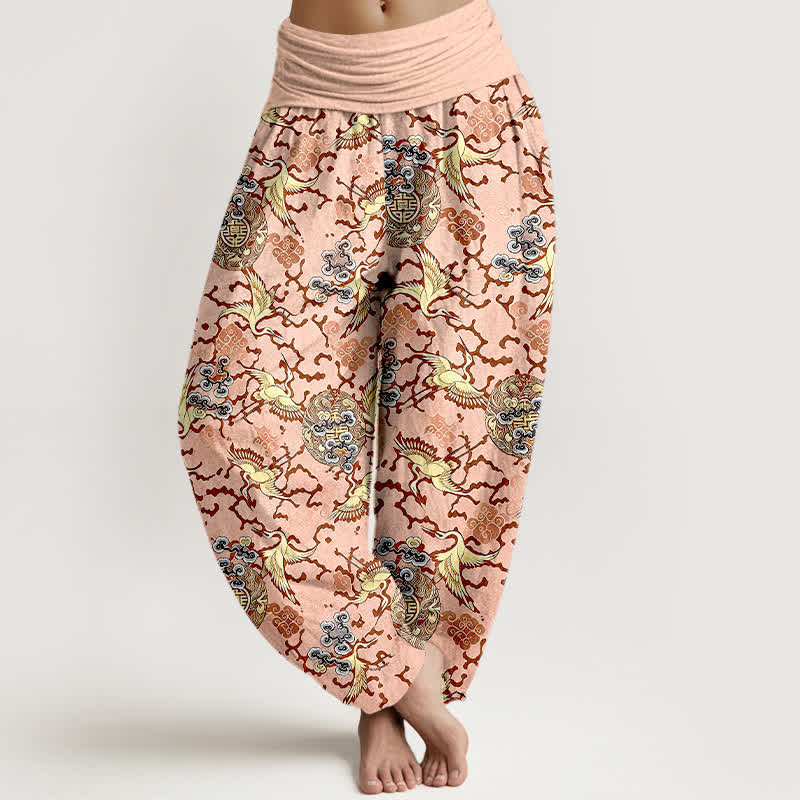 Nimara Ritual Pure Cotton White Crane Cloud Pattern Women's Elastic Waist Harem Pants