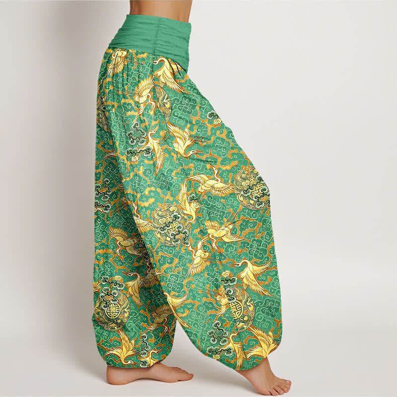 Nimara Ritual Pure Cotton White Crane Cloud Pattern Women's Elastic Waist Harem Pants