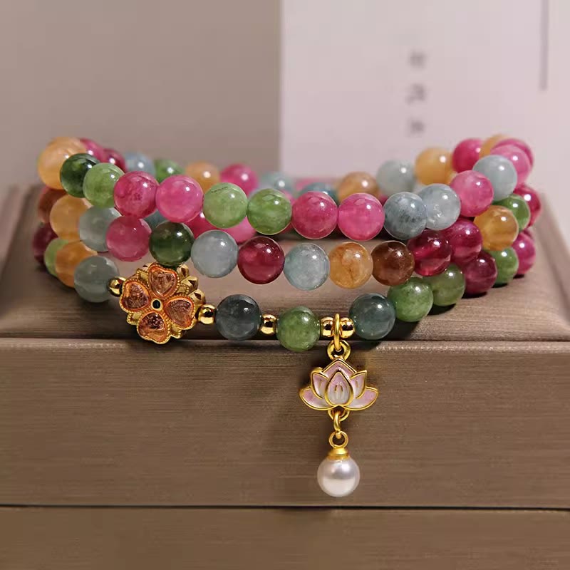 Nimara Ritual Rainbow Tourmaline Lotus Wisdom Triple Wrap Beaded Charm Bracelet
