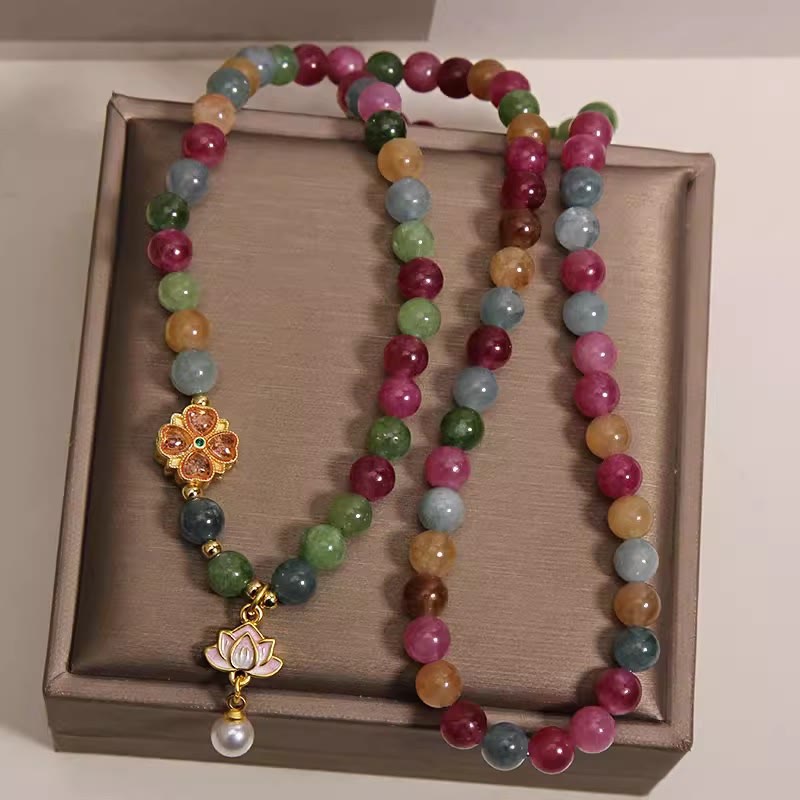 Nimara Ritual Rainbow Tourmaline Lotus Wisdom Triple Wrap Beaded Charm Bracelet