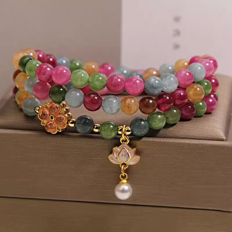 Nimara Ritual Rainbow Tourmaline Lotus Wisdom Triple Wrap Beaded Charm Bracelet