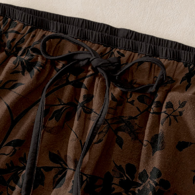 Nimara Ritual Pure Cotton Black Botanical Leaf Pattern Women's Elastic Waist Pants With Pockets