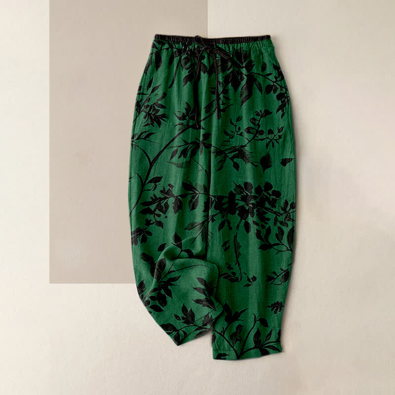 Nimara Ritual Pure Cotton Black Botanical Leaf Pattern Women's Elastic Waist Pants With Pockets