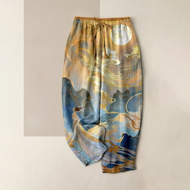 Nimara Ritual Pure Cotton Fairy Golden Moon Cloud Landscape Pattern Women's Elastic Waist Pants With Pockets