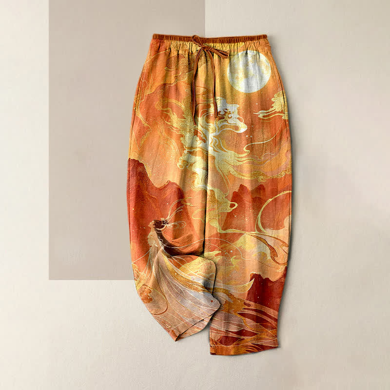 Nimara Ritual Pure Cotton Fairy Golden Moon Cloud Landscape Pattern Women's Elastic Waist Pants With Pockets