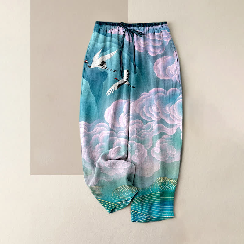 Nimara Ritual Pure Cotton Flying Crane Cloud Gradient Pattern Women's Elastic Waist Pants With Pockets
