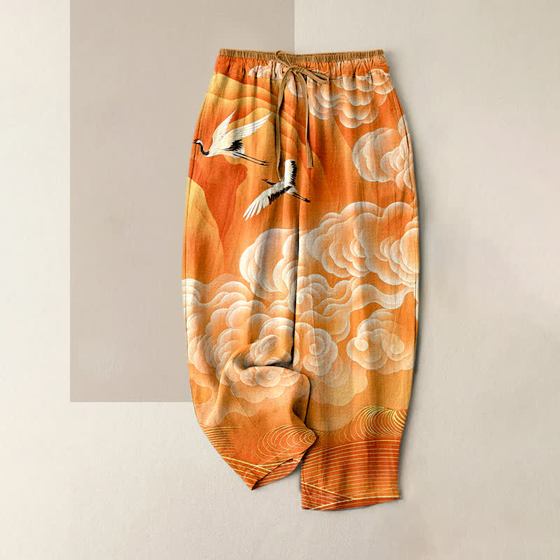 Nimara Ritual Pure Cotton Flying Crane Cloud Gradient Pattern Women's Elastic Waist Pants With Pockets