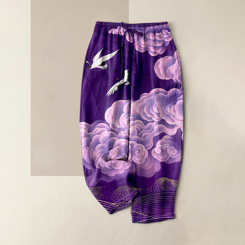 Nimara Ritual Pure Cotton Flying Crane Cloud Gradient Pattern Women's Elastic Waist Pants With Pockets