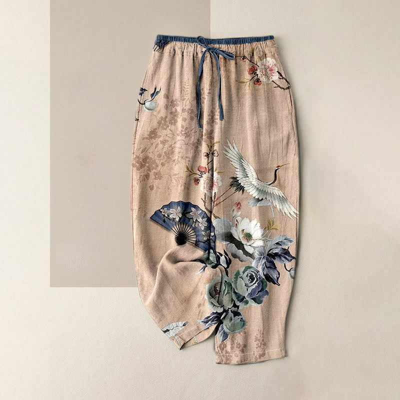 Nimara Ritual Pure Cotton Oriental Crane Fan Pattern Women's Elastic Waist Pants With Pockets