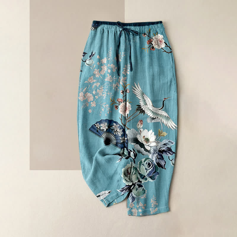 Nimara Ritual Pure Cotton Oriental Crane Fan Pattern Women's Elastic Waist Pants With Pockets