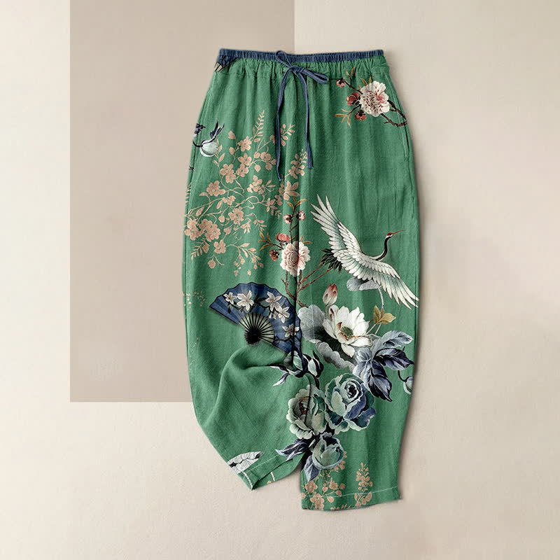 Nimara Ritual Pure Cotton Oriental Crane Fan Pattern Women's Elastic Waist Pants With Pockets