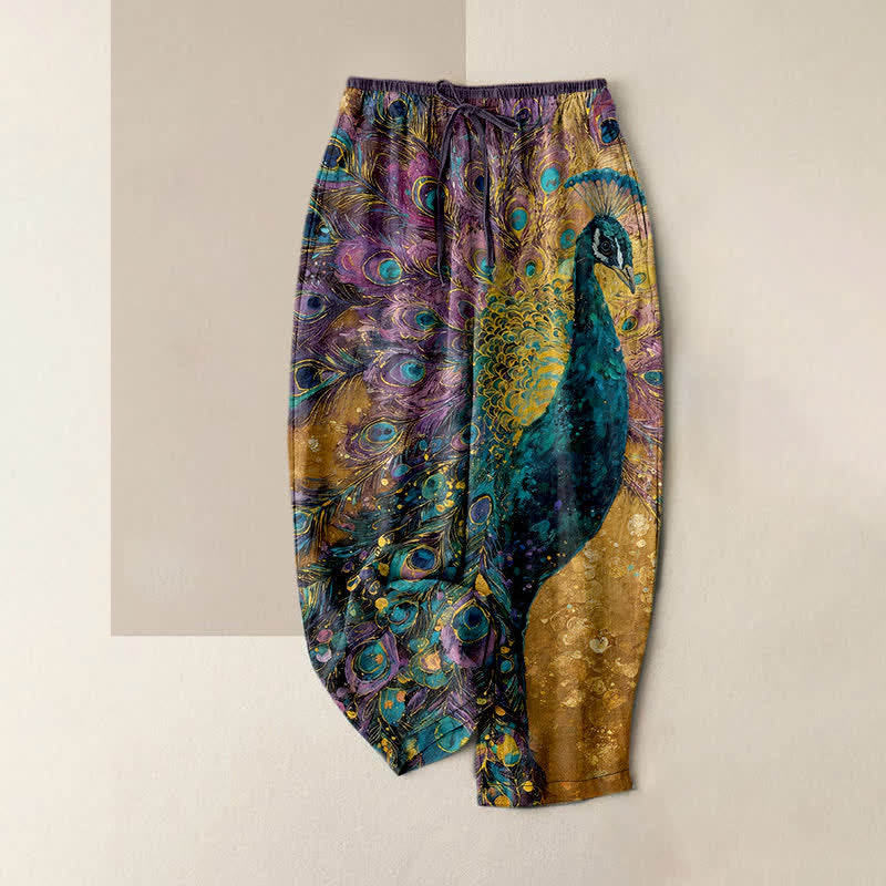 Nimara Ritual Pure Cotton Peacock Feather Pattern Women's Elastic Waist Pants With Pockets