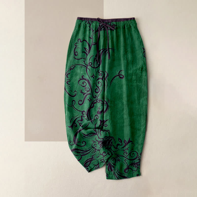Nimara Ritual Cotton Velvet Vine Scroll Pattern Women's Elastic Waist Pants With Pockets