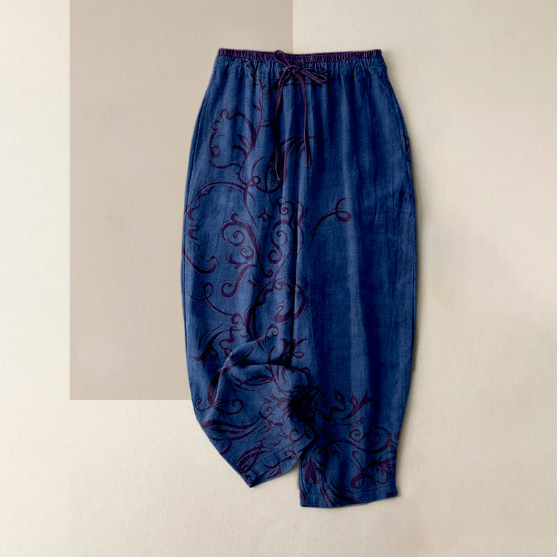 Nimara Ritual Cotton Velvet Vine Scroll Pattern Women's Elastic Waist Pants With Pockets